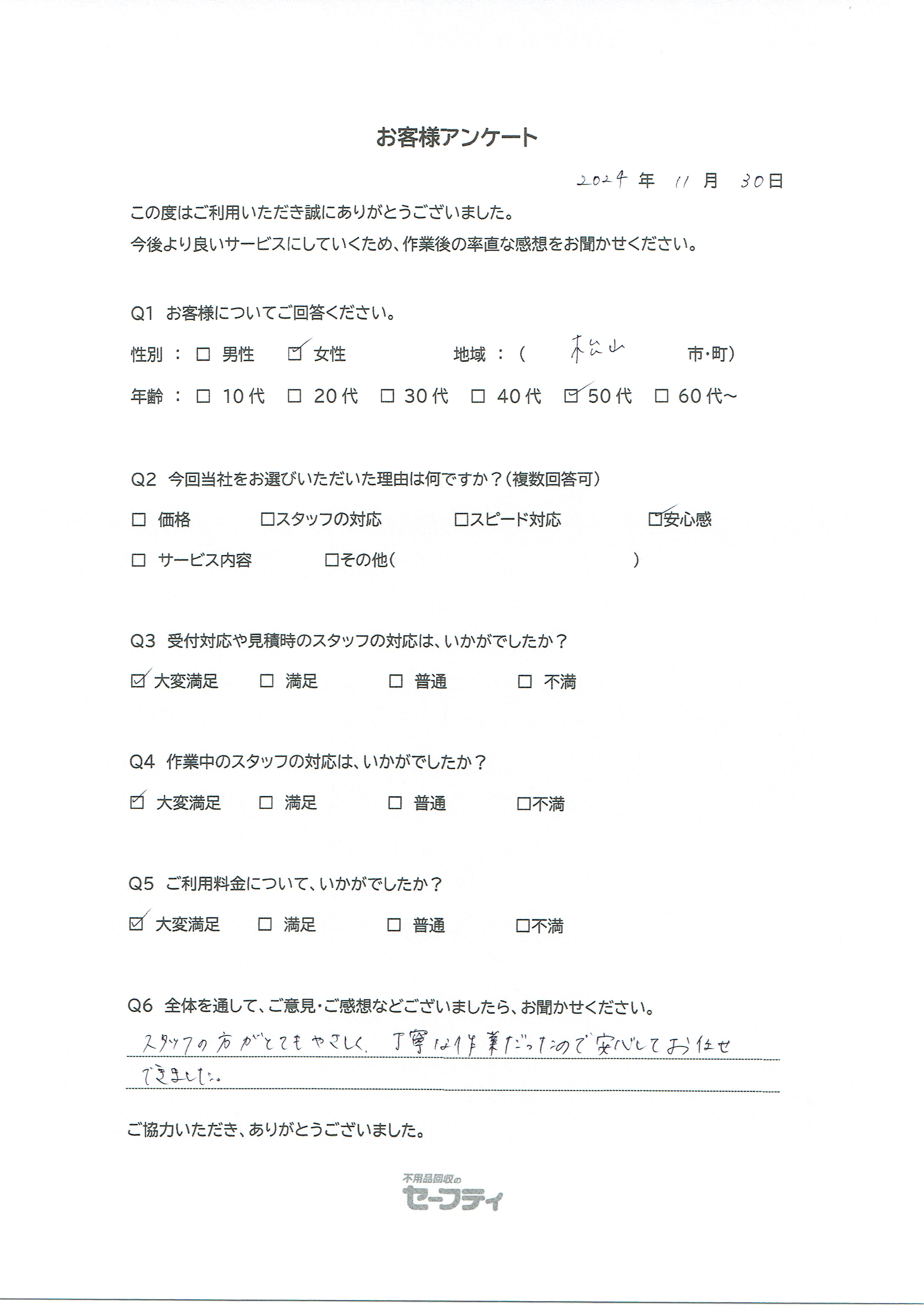 松山市Sさま（不用品回収ご利用のお客様アンケート）