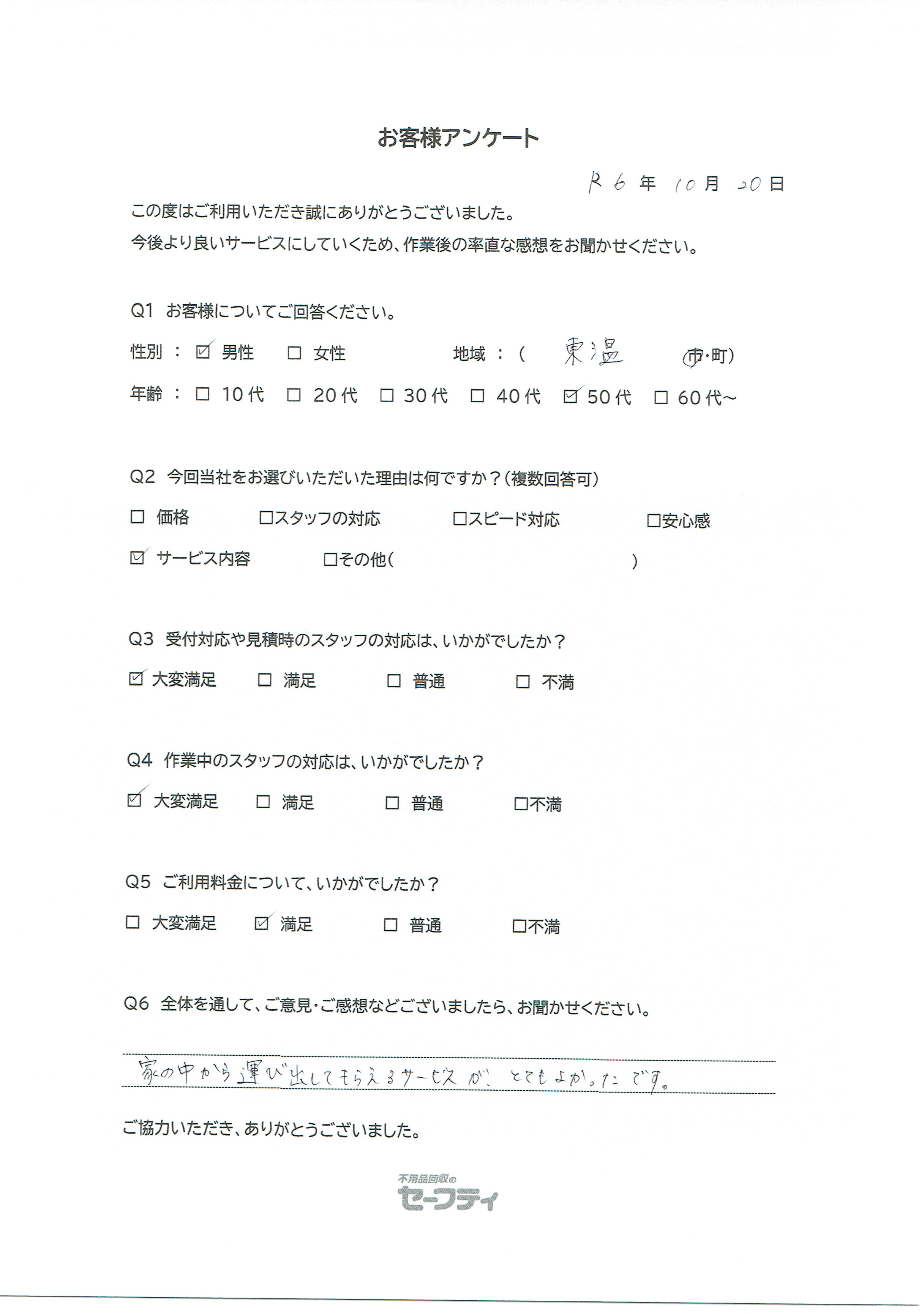 東温市Aさま（不用品回収ご利用のお客様アンケート）