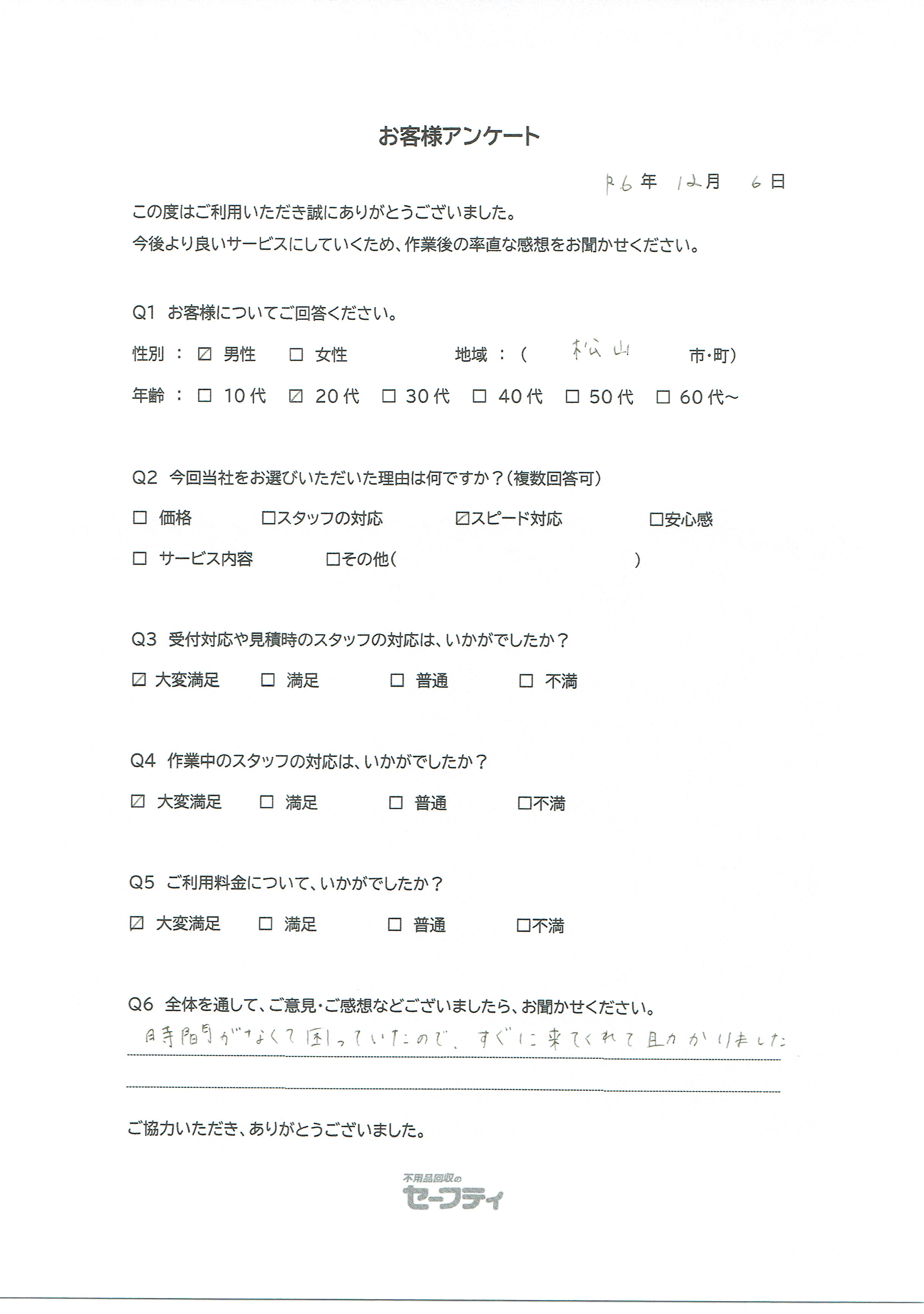 松山市Mさま（不用品回収ご利用のお客様アンケート）